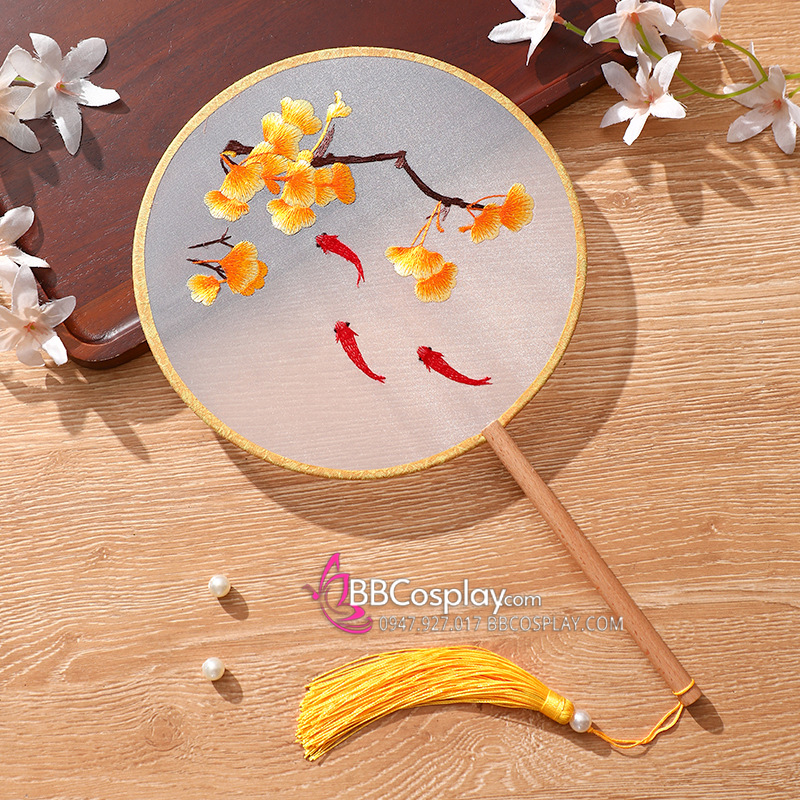Quạt Tròn Thêu Hoa Ngân Hạnh