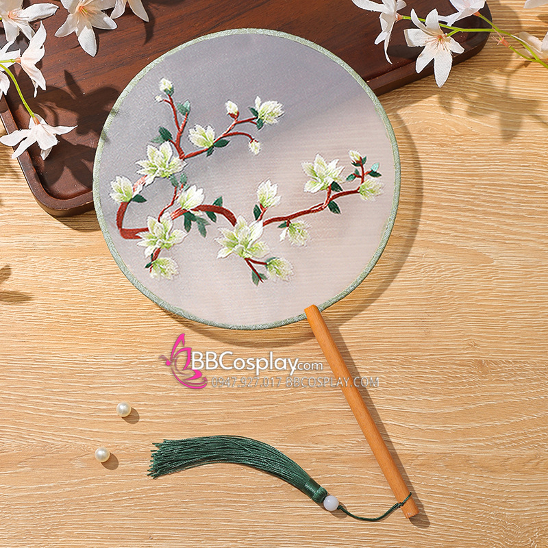 Quạt Tròn Thêu Mũ Nhân Hoa Xanh Lá