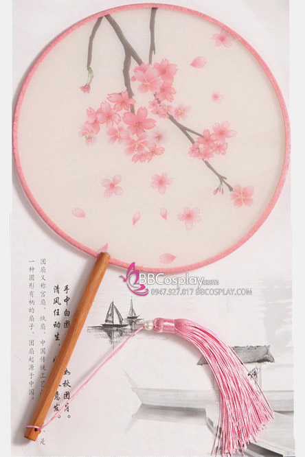 Quạt Tròn Cổ Trang Quạt Mỹ Nhân Hoa Đỏ Nền Trắng