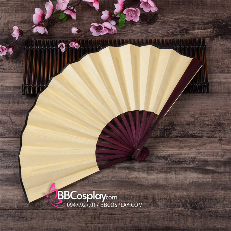 Quạt Xếp Trơn Cổ Trang Màu Vàng Cán Gỗ