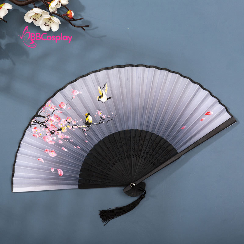 Uchiwa Quạt Vải Nhật Bản Đen Nhành Đào Sẻ Đậu