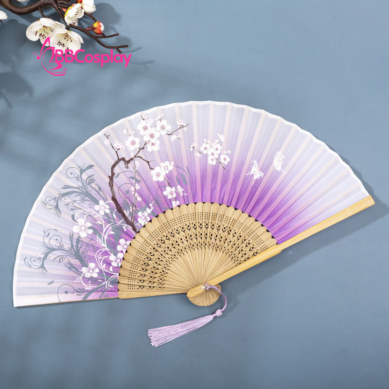 Uchiwa Quạt Vải Nhật Bản Tím Trắng Hoa Mai Trắng