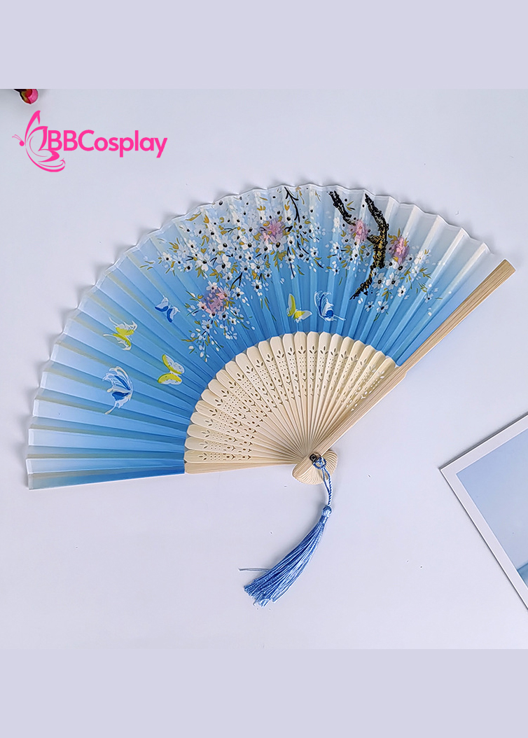 Quạt Xếp Nhật Bản Xanh Dương Đào Và Bướm