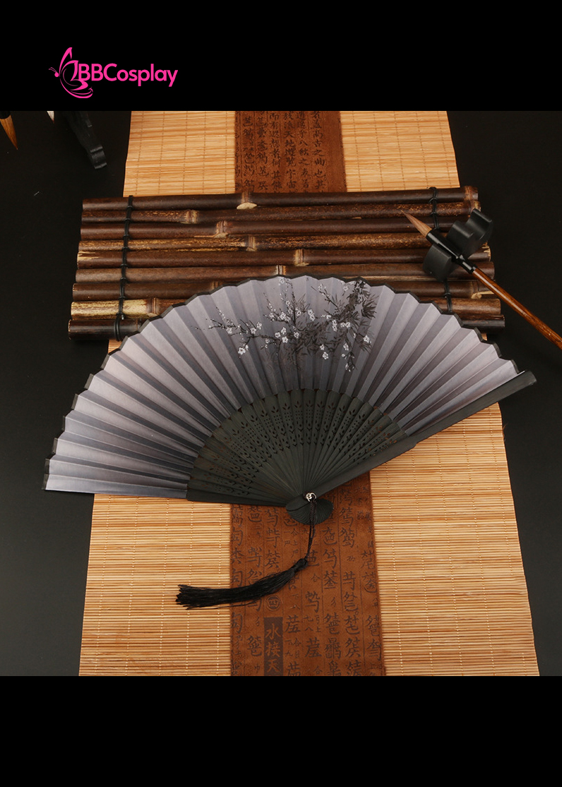 Quạt Xếp Đen Cành Đào Lớn