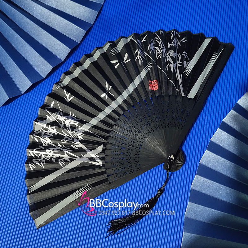 Quạt Giấy Nhật Bản Cành Trúc Nền Đen
