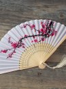 Quạt Xếp Vải Nền Trắng Nhành Đào Hồng
