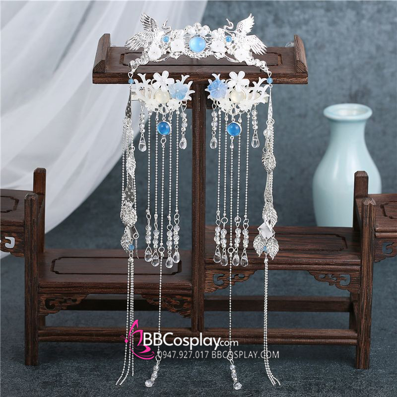 Bộ Trâm Cài Cổ Trang Thu Nguyệt Tone Trắng Xanh