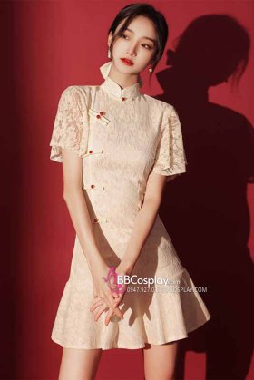 Váy Sườn Xám Cách Tân Ren Trắng Kem