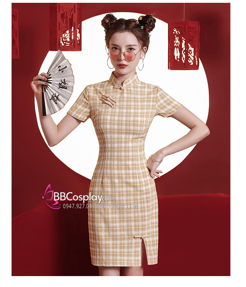 Sườn Xám Dáng Ngắn Mẫu Caro Vàng Kem