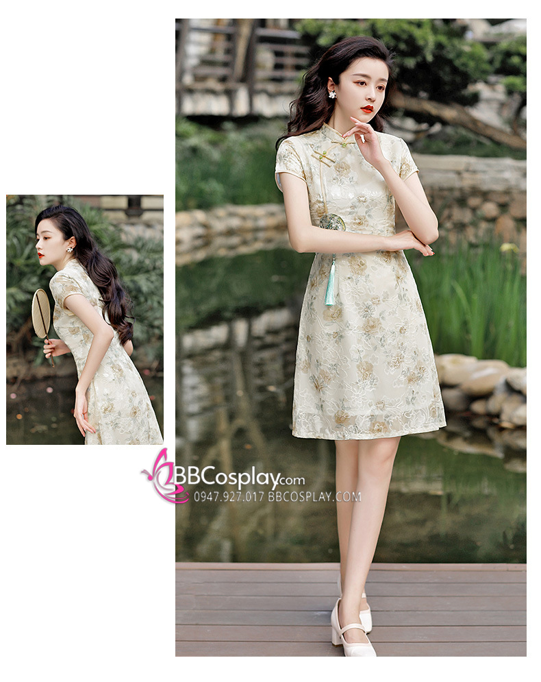 Sườn Xám Hiện Đại Dáng Chữ A Ren Hoa Hồng - Toen Màu Xanh Mơ