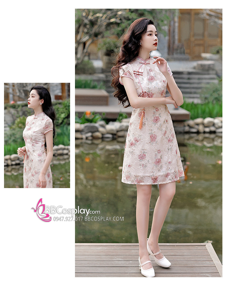 Sườn Xám Hiện Đại Dáng Chữ A Ren Hoa Hồng - Toen Màu Hồng Nhạt