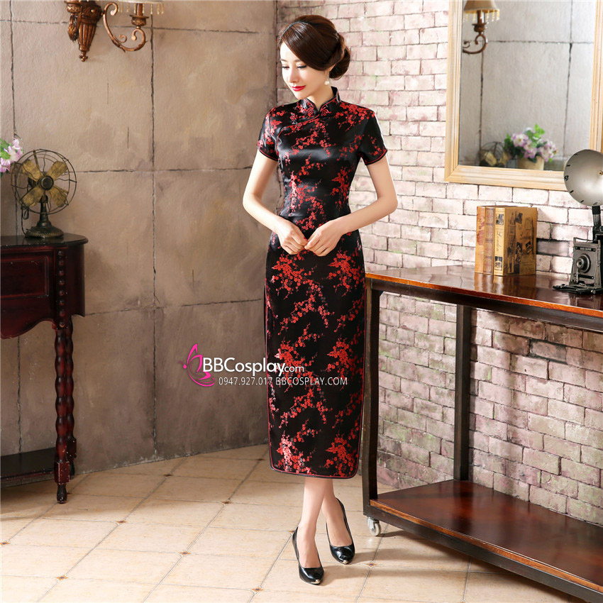 Sườn Xám Đen Dài Hoa Đỏ
