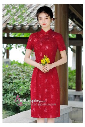 Sườn Xám Ren Hiện Đại Dáng Ngắn Hoa Thêu Đỏ