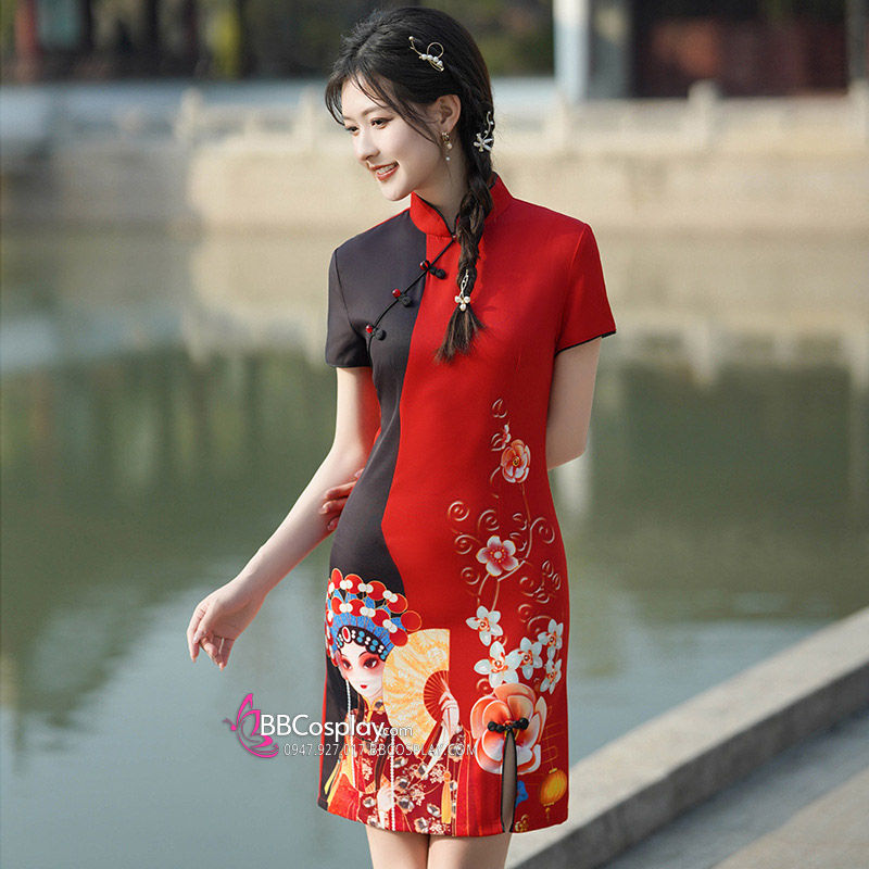 Sườn Xám Đỏ Phối Đen Trend