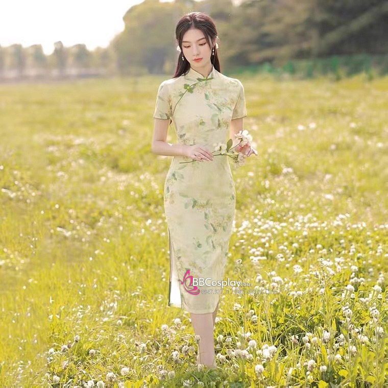 Sườn Xám Chụp Ngoại Cảnh Hoa Trà Viền Xanh Mạ Xẻ Tà