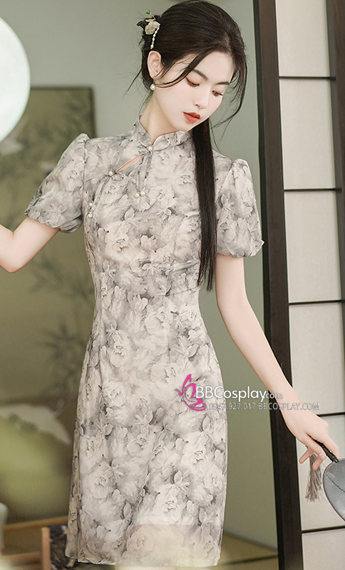 Sườn Xám Voan Nền Hoa Đen Trắng