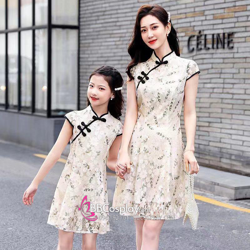 Váy Sườn Xám Trung Thu Cho Mẹ Và Bé Hoạ Tiết Hoa Lá Trẻ Trung