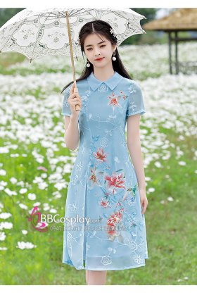 Sườn Xám Hiện Đại Voan Mềm Nền Hoa Lily - Màu Xanh Nhạt