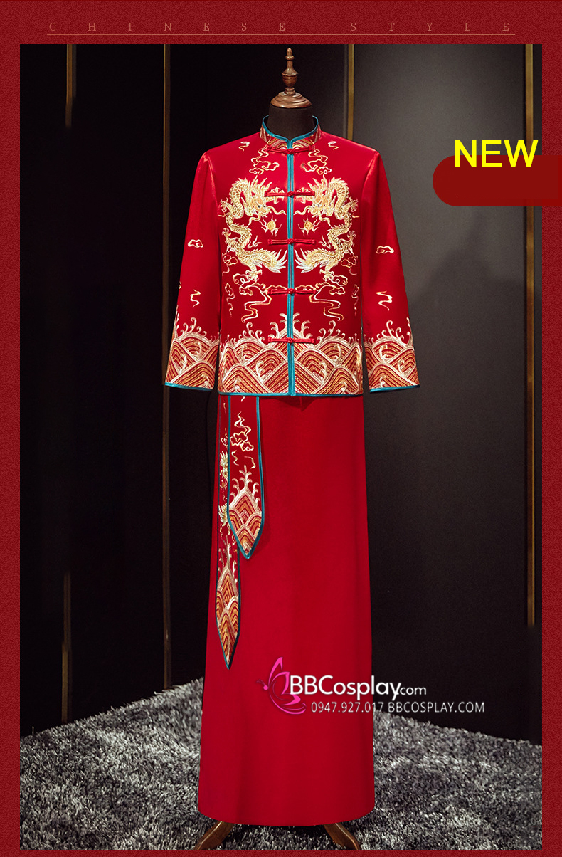 Trang Phục Tân Lang - Mẫu Đỏ Thêu Rồng Vàng Và Sóng Biển Viền Xanh Dương