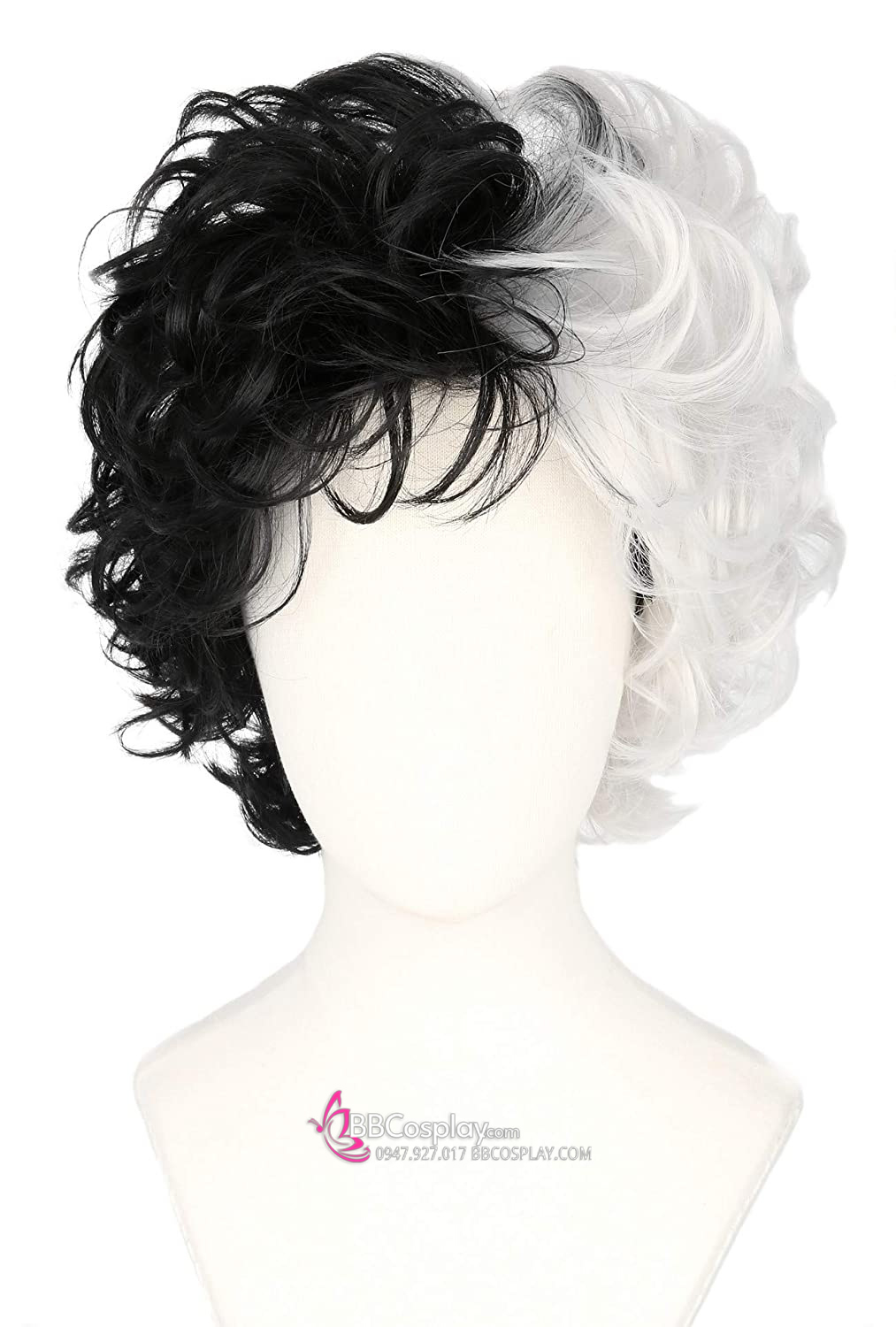 Tóc Giả Ngắn 2 Màu Đén Trắng Xoăn Có Mái Thưa