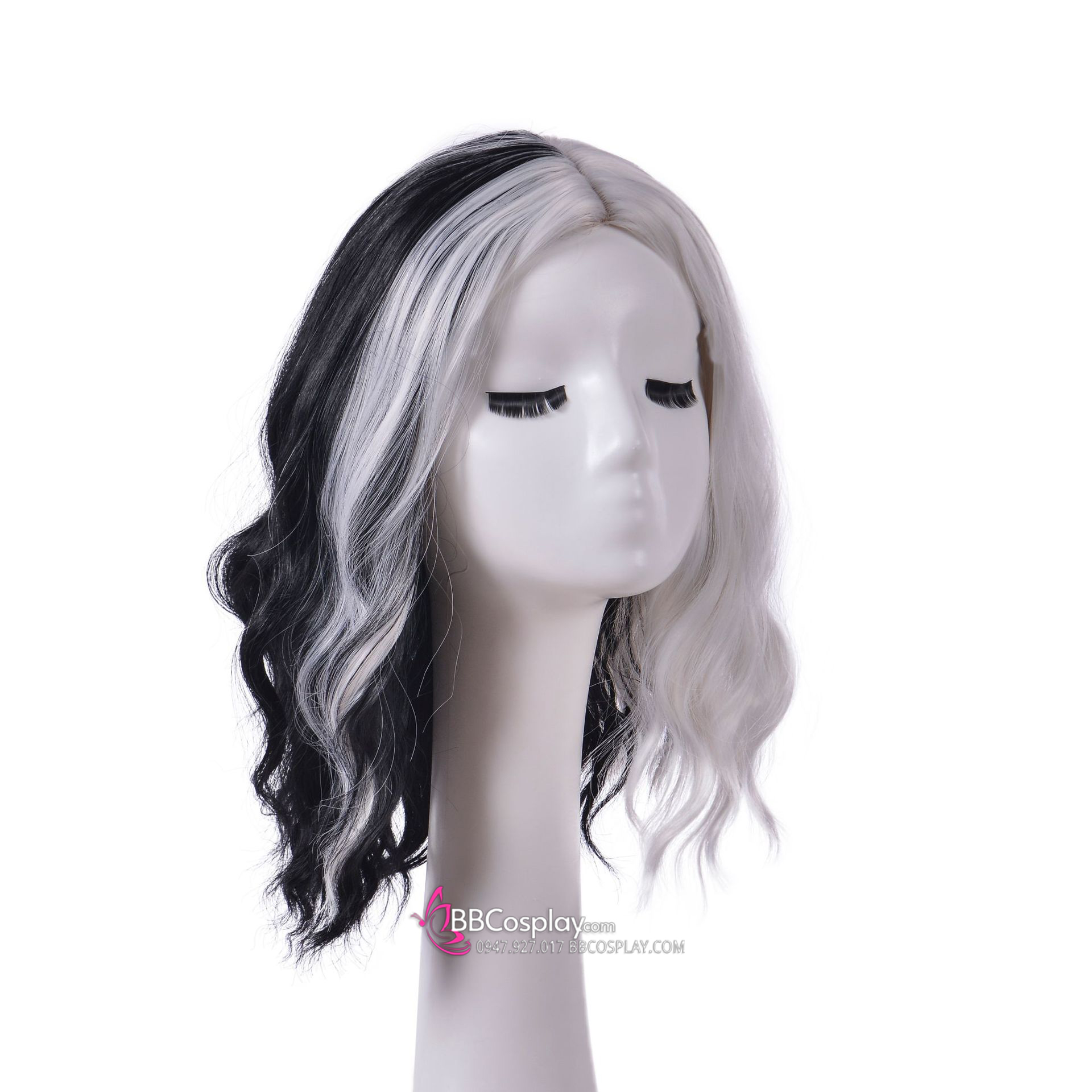 Tóc Giả Ngắn Xoăn Nhẹ Chẻ Ngôi 2 Màu Đen Trắng