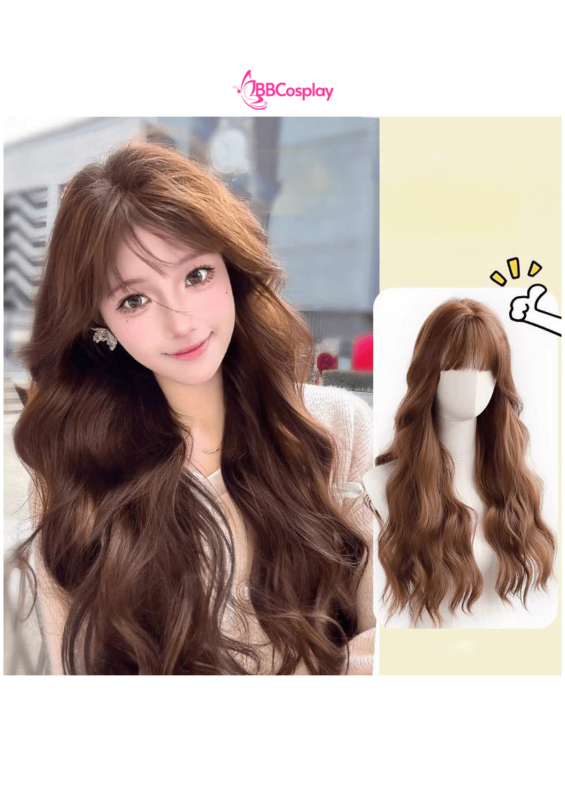 Tóc Giả Nâu Trà Mái Thưa Xoăn Sóng Dài
