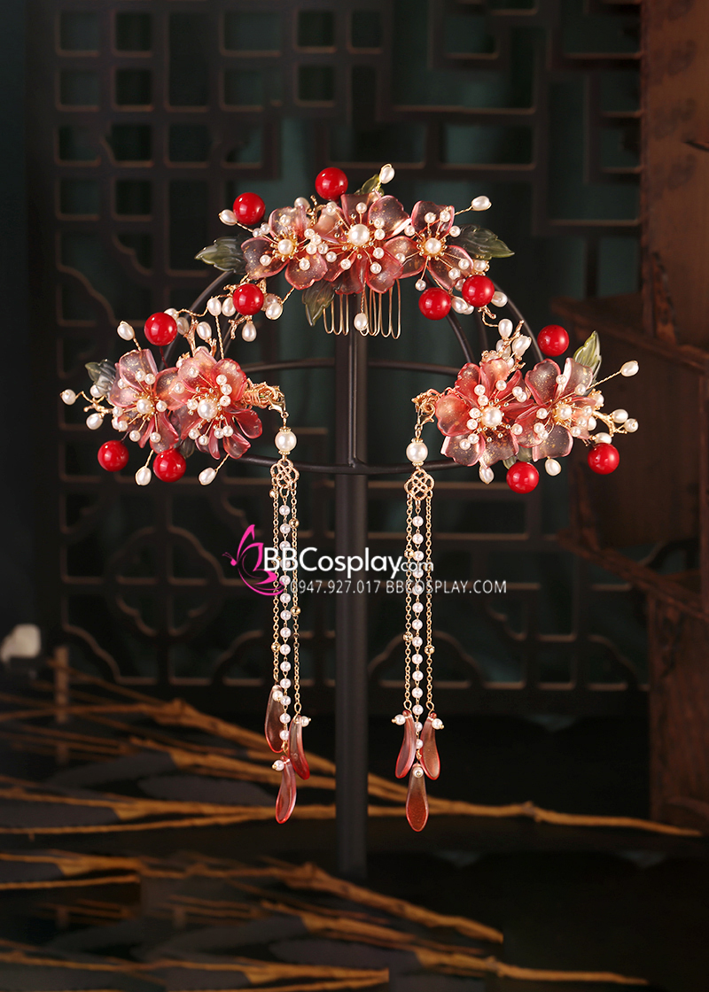 Bộ Trâm Cài Hằng Nga 5 Món Đỏ Thạch Anh