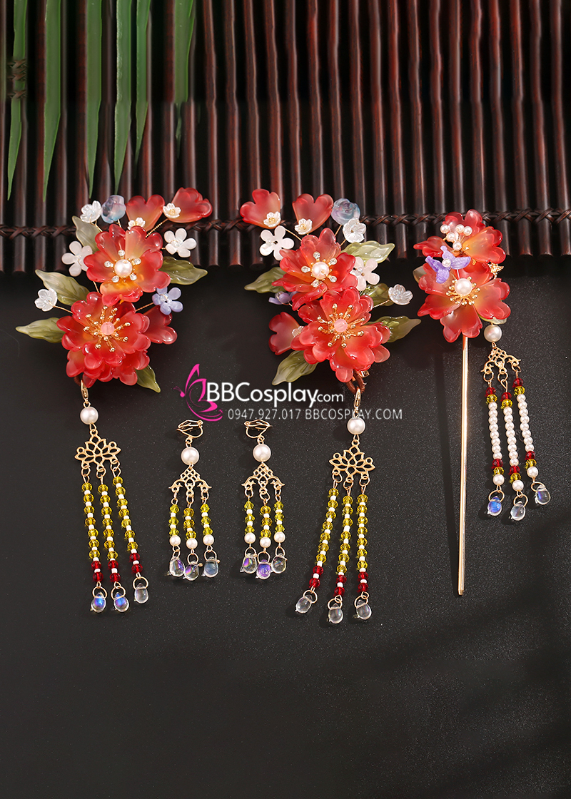 Bộ Trâm Cài Hằng Nga 5 Món Sắc Đỏ Hương Xuân