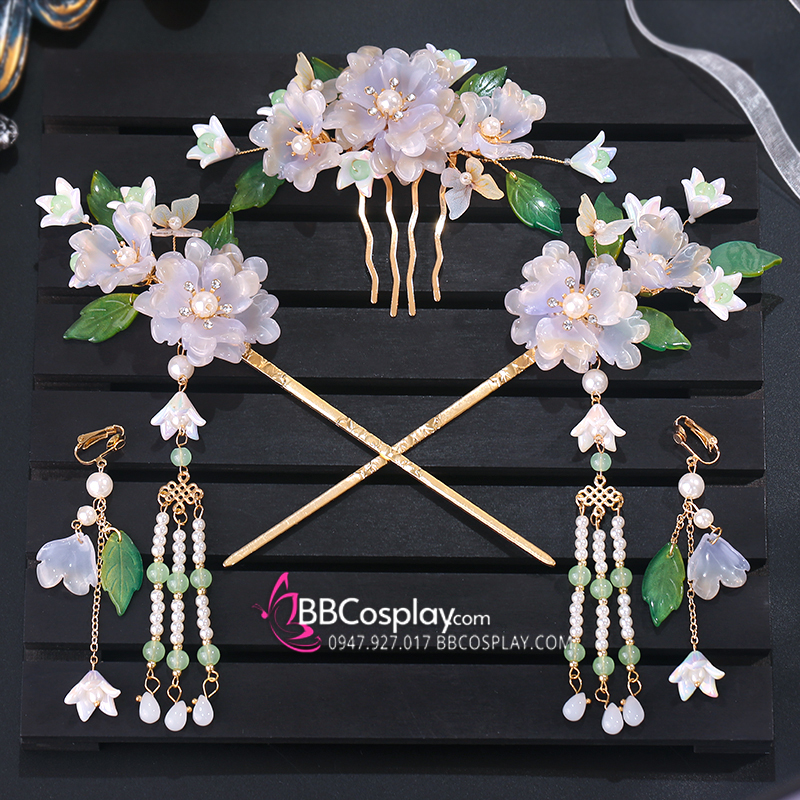 Bộ Trâm Cài Hằng Nga 5 Món Trắng Ngọc Tone Tím