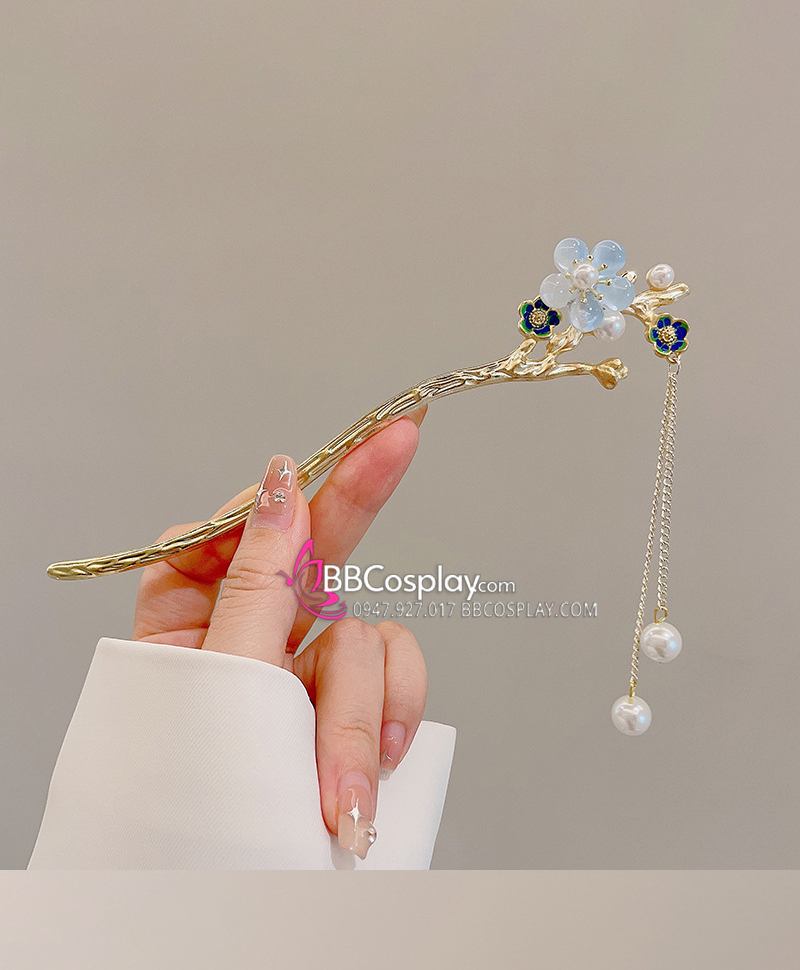 Trâm Cài Giá Rẻ - Hoa Mai Xanh Kèm Tua Rua