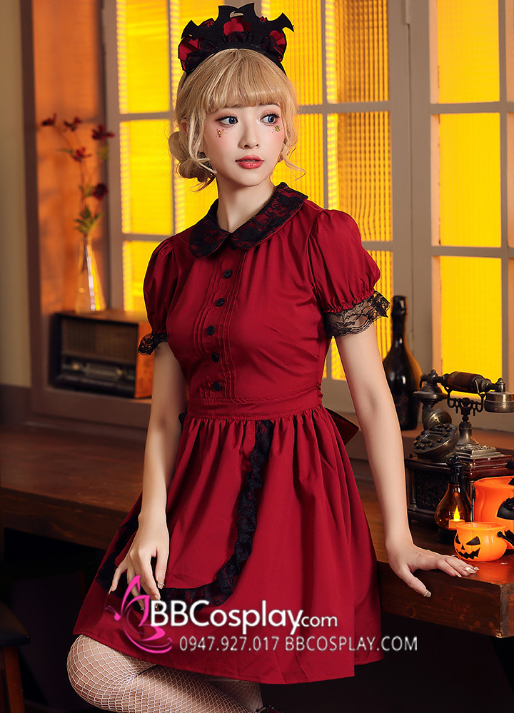 Váy Hoá Trang Nữ Hầu Gái Dơi Đỏ Phối Ren Đen Halloween