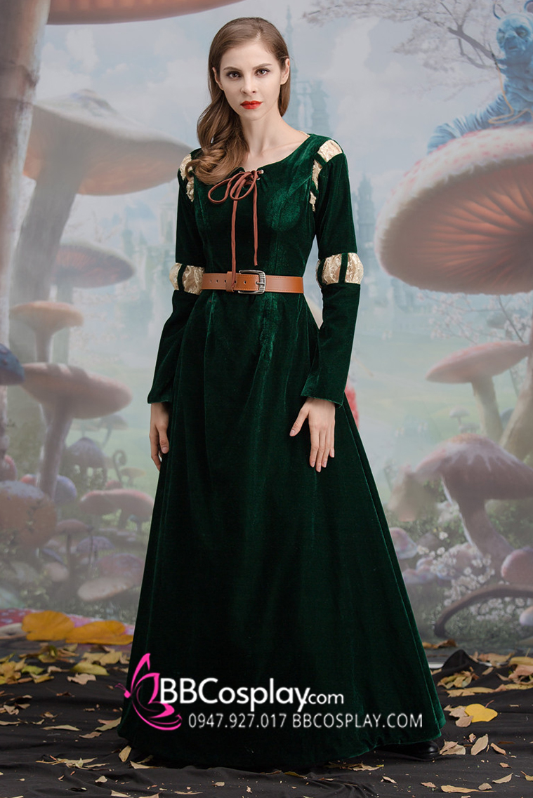 Đồ Merida Halloween Nhung Xanh Rêu Phối Ren Tặng Kèm Thắt Lưng