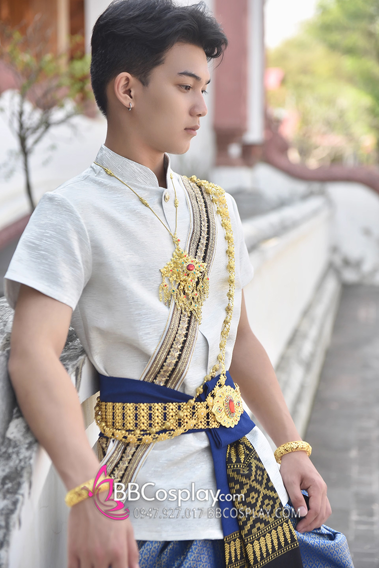 Trang Phục Thái Lan Nam Cao Cấp Áo Trắng Dệt Kim Quần Gấm Xanh