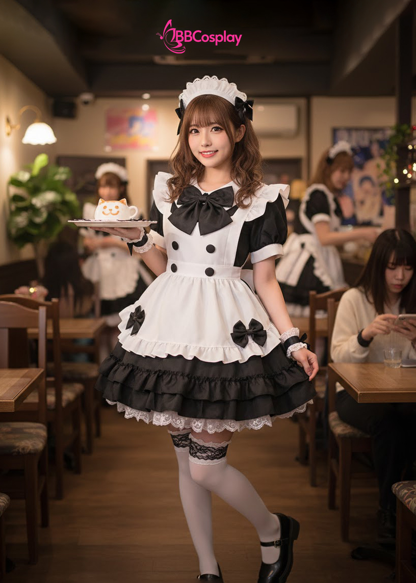 Đồ Nàng Hầu Maid Đen Cổ Bầu Tạp Dề Kèm Nơ Đen