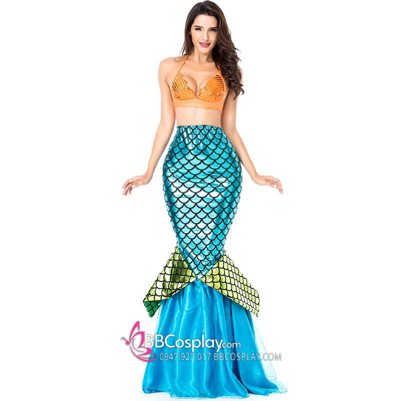 Đồ Nàng Tiên Cá Đại Dương Áo Cam Đuôi Xanh Dương