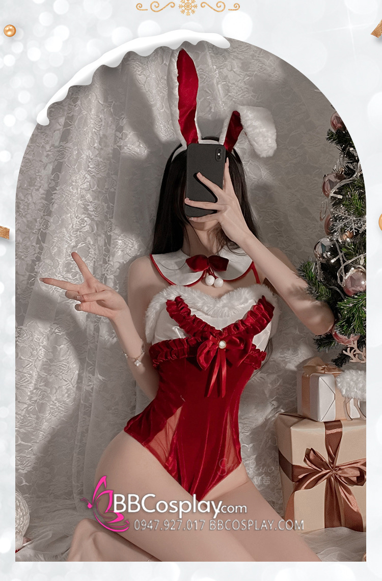 Bộ Bunny Noel Cúp Ngực Viền Lông Kèm Tai Thỏ