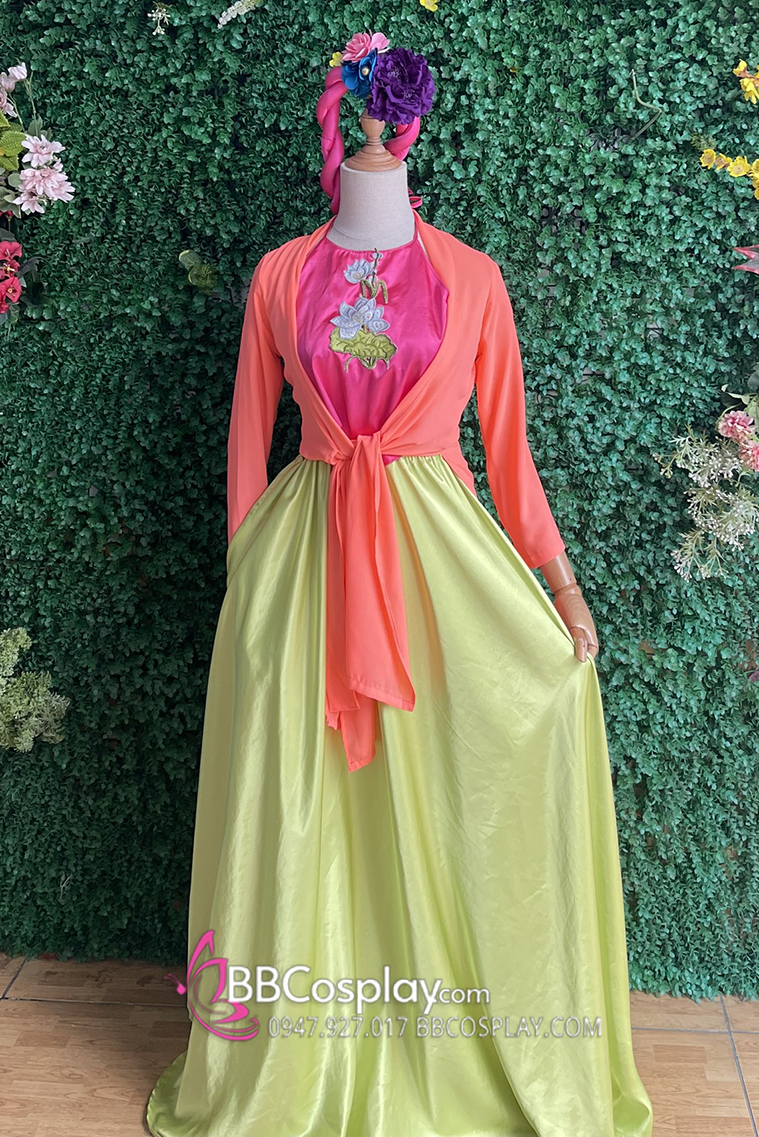 Trang Phục Tứ Thân Cam Yếm Hồng Sen Váy Xanh Chuối