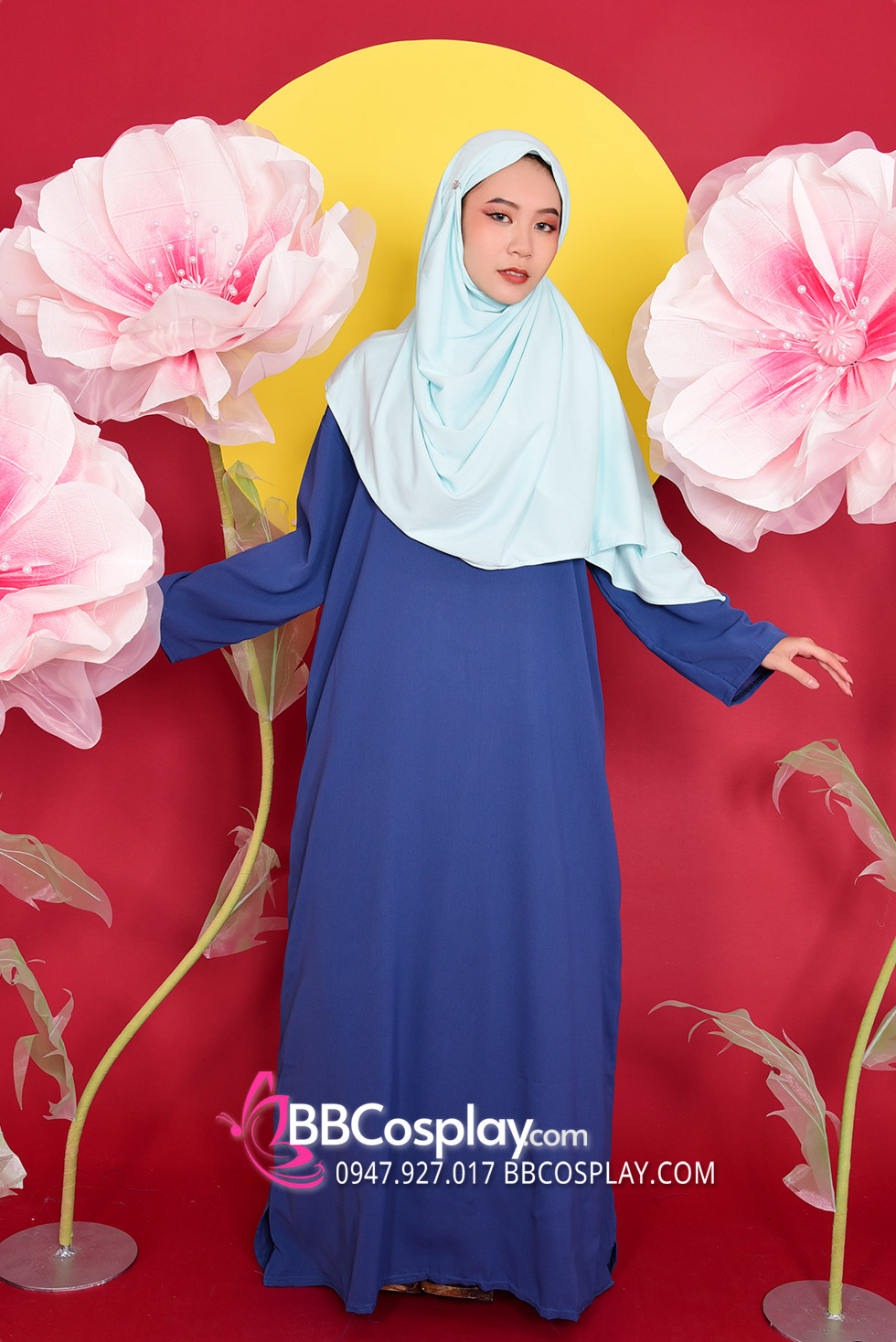 Trùm Đầu Hijab Màu Xanh Min Cho Phụ Nữ Á Đông