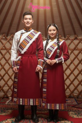 Trang Phục Cặp Đôi Mông Cổ Khoác Đỏ Viền Lông Trắng