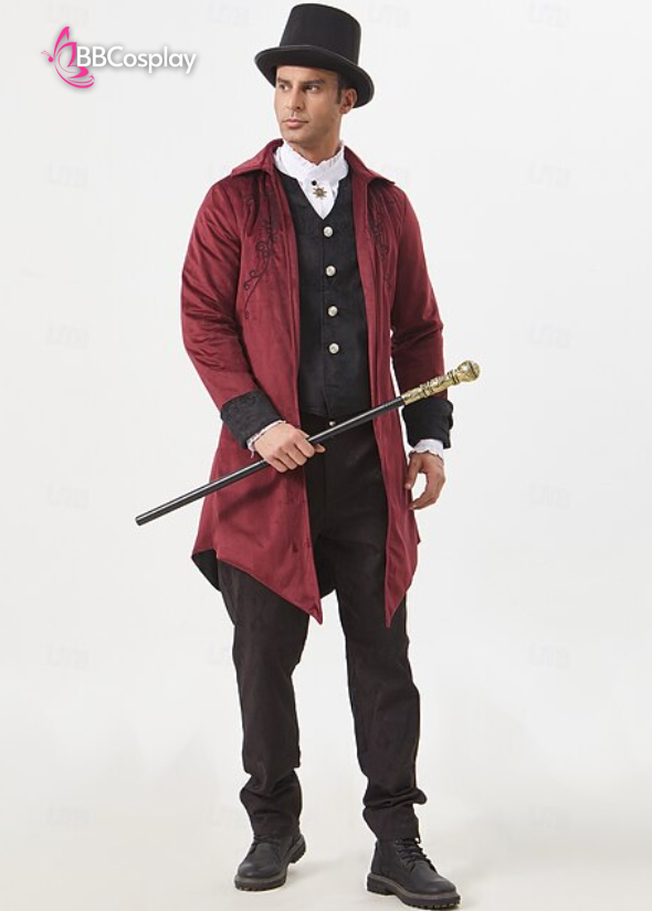 Vest Tuxedo Nhung Đỏ Hoa Văn Đen 16-18Th Century Hoàng Gia