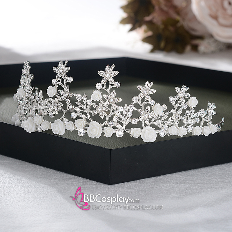 Cài Tóc Vương Miện Tiểu Thư Đính Hoa Mini