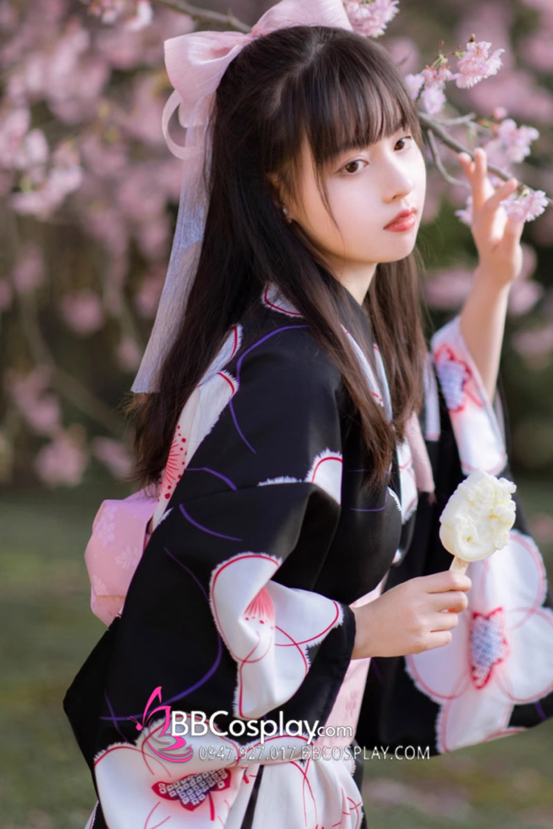 Áo Kimono Yukata Nền Đen Phối Hoa Tặng Kèm Thắt Lưng