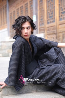 Yukata Nhật Đen Sọc Cơ Bản