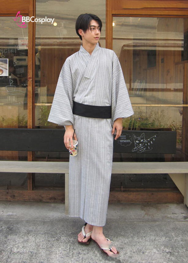 Nagagi Xám Sọc Trắng - Yukata Nam Xám Sọc