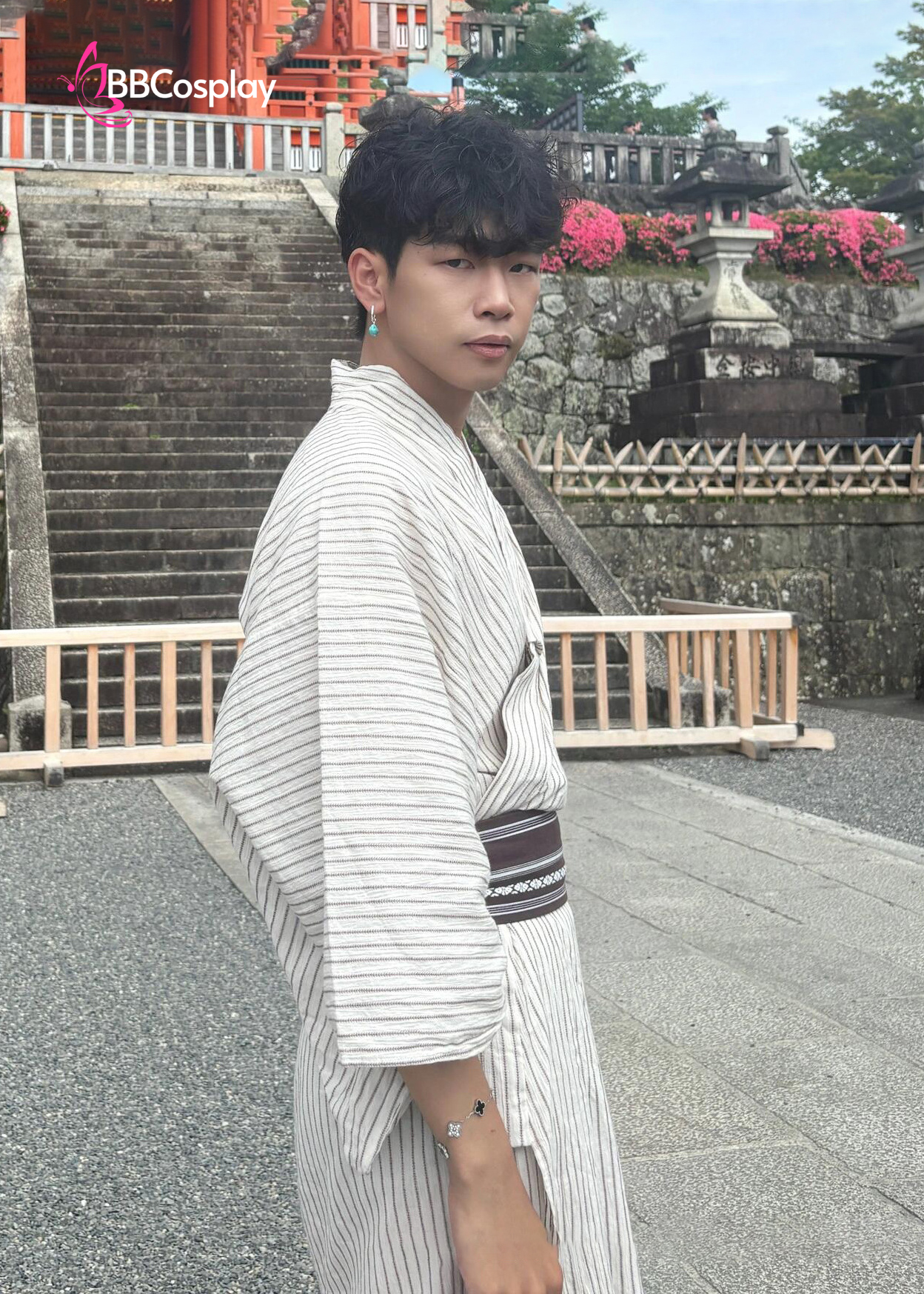 Nagagi Trắng Sọc Xám - Yukata Nam Trắng Sọc