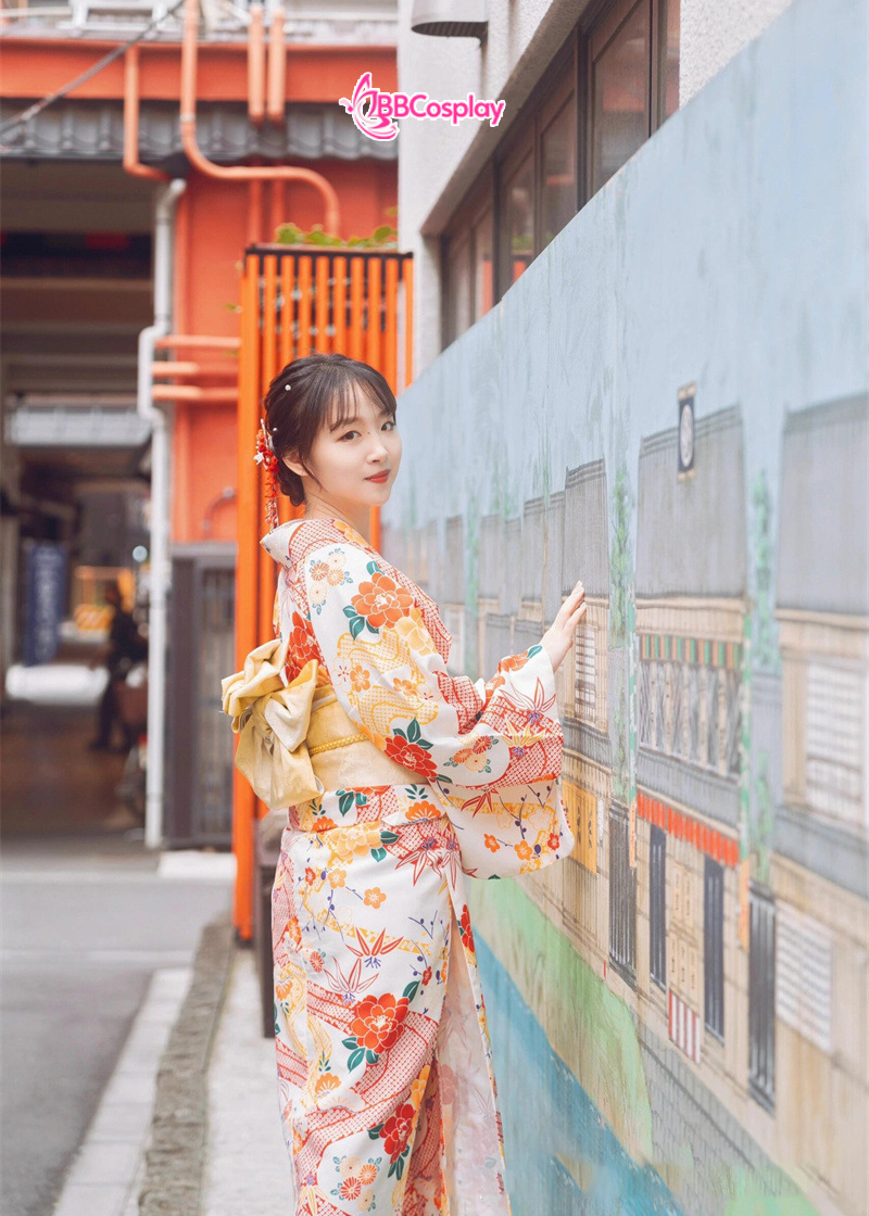 Áo Yukata Vàng Kem Hoa Cúc Đỏ