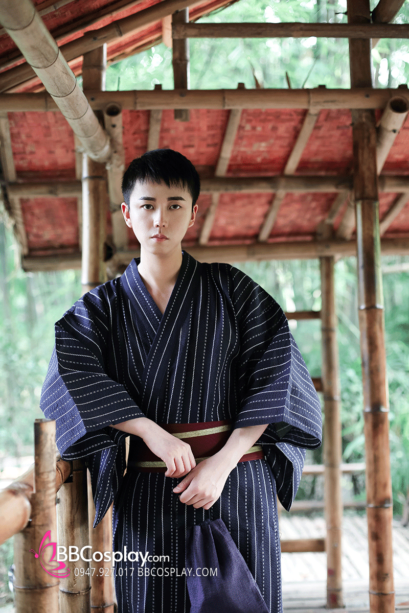 Yukata Nhật Xanh Đen Obi Đỏ Đô Viền Vàng